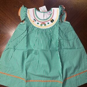 St Patricks Green Gingham Smocked Dress with Orange Accents